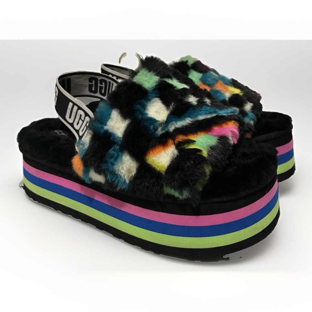 UGG DISCO CHECKS MULTI SHEARLING PLATFORM SANDALS WOMEN'S SLIDES SIZE US 8 EUC